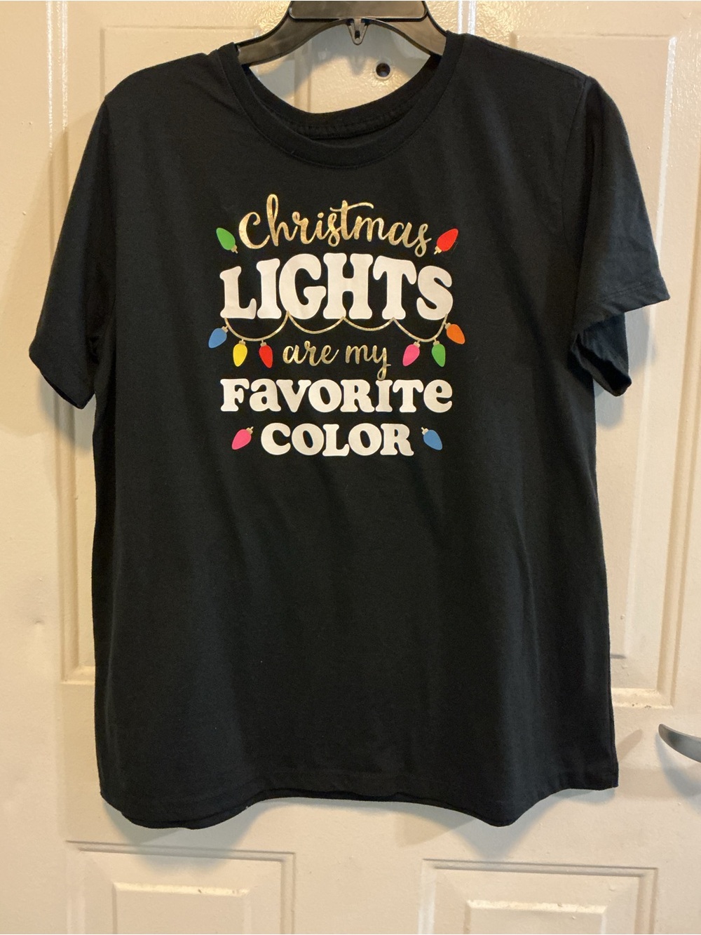 Holiday Time Black Tee with Gold Script Holiday Graphic
